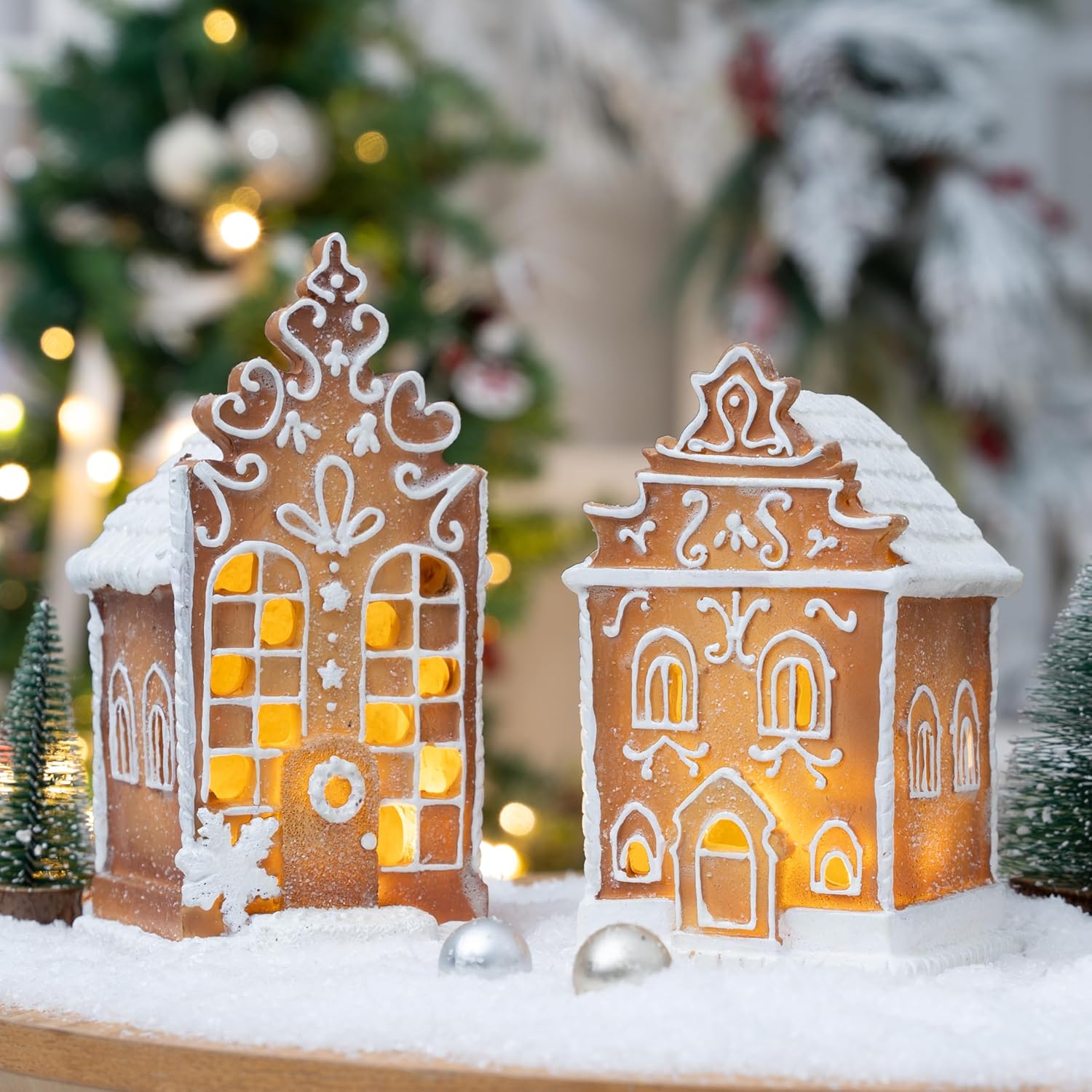 Skiennix Christmas Gingerbread Village House Figurines - Pre-Lit LED Decor | 2-Piece Set