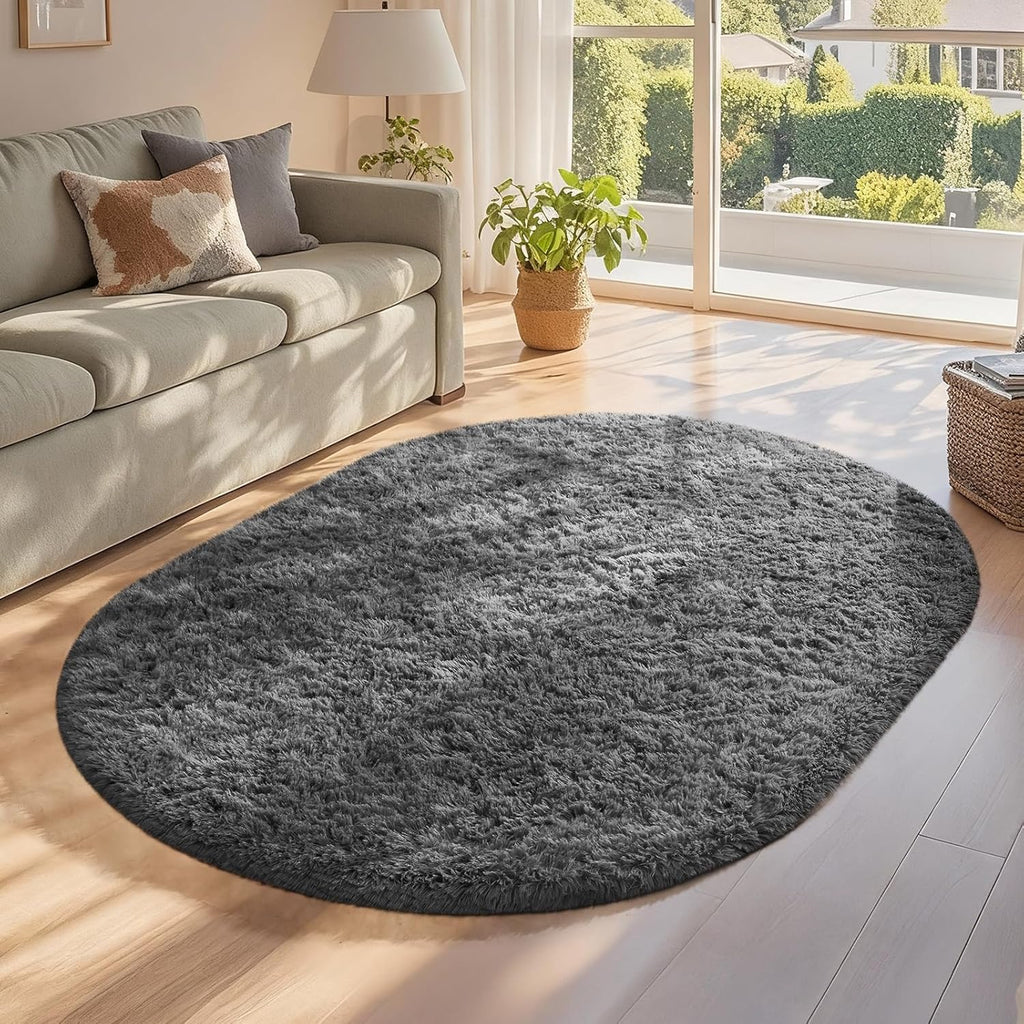 Ophanie Oval Area Rug - Non-Slip 3x5 Grey Carpet for Bedroom & Dorm Decor | Fluffy & Aesthetic