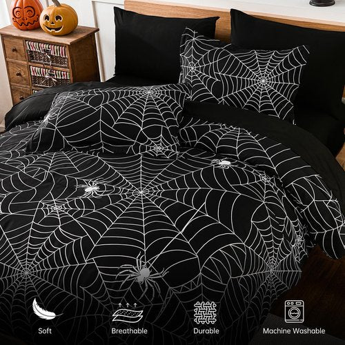 Luxudecor Halloween Comforter Set Queen Size 7 Pieces Bed in a Bag, Spider Cobweb Pattern Print on Black Bed Set, Black Halloween Themes Comforter with Sheet Set 90"x90"