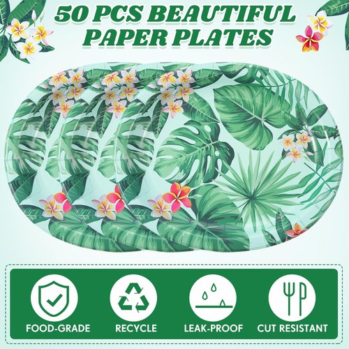 Pickmesh 50 Pcs Hawaiian Luau Oval Paper Plates 10" x 12" Hawaiian Tropical Disposable Plates Green Leaves Dinner Serving Cinco De Mayo Decorations for Aloha Summer Birthday Beach Party Supplies