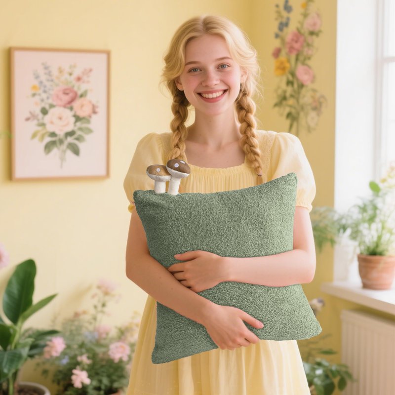 AELS Modern Farmhouse Decorative Mushroom Pillow Covers 18x18 with Two Small Mushroom Plush Sewed in, Cozy Plush Cushion Case for Bed Couch Sofa, Green
