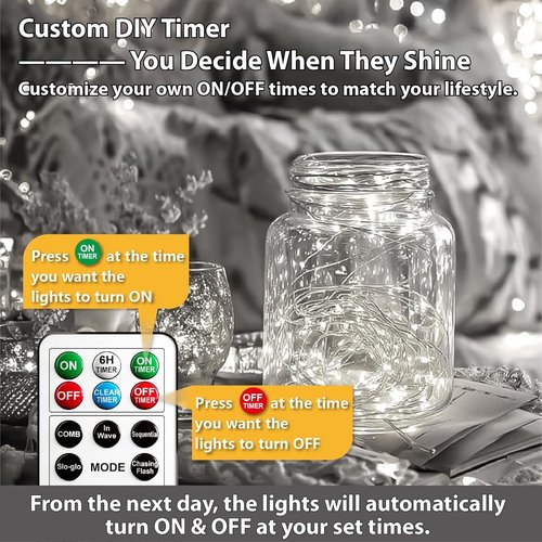 HXWEIYE Fairy Lights - 6 Pack Rechargeable String Lights with Remote & DIY Timer | 7ft 20LED for Weddings & Parties