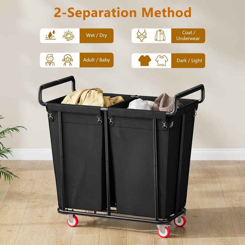 Gewudraw Large Laundry Hamper with Wheels, 2 Bag 360L Big Rolling Laundry Basket Sorter Cart, Extra Large Clothes Hamper, Heavy Duty Laundry Basket Organizer for Laundry Room, Bathroom