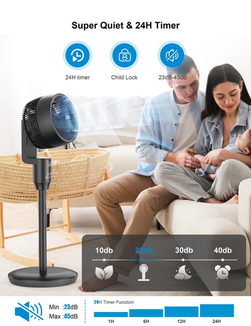 JRD Fan for Bedroom, 70° Oscillating Standing Fans, Quiet Floor Fan, 100ft Pedestal Fans for Room, 6 Speeds, 3 modes,90° Manual Vertical, 19-38" Adjustable Height,24H Timer,Remote Control