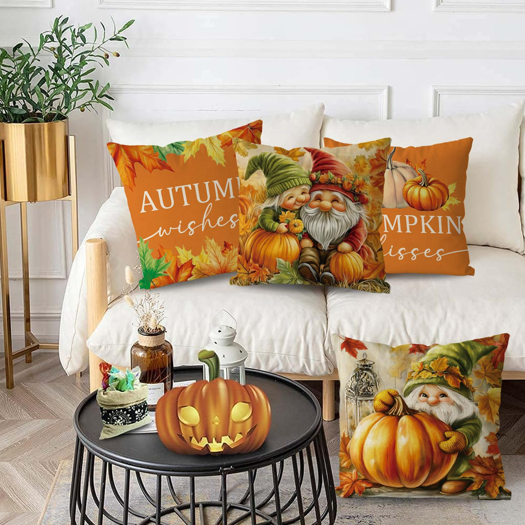 GAGEC Fall Pillow Covers 18x18 Inch Set of 4 Gnomes Pumpkin Maple Leaves Decorative Throw Pillow Covers Harvest Autumn Thanksgiving Pillowcase for Farmhouse Home Sofa Living Room Decor