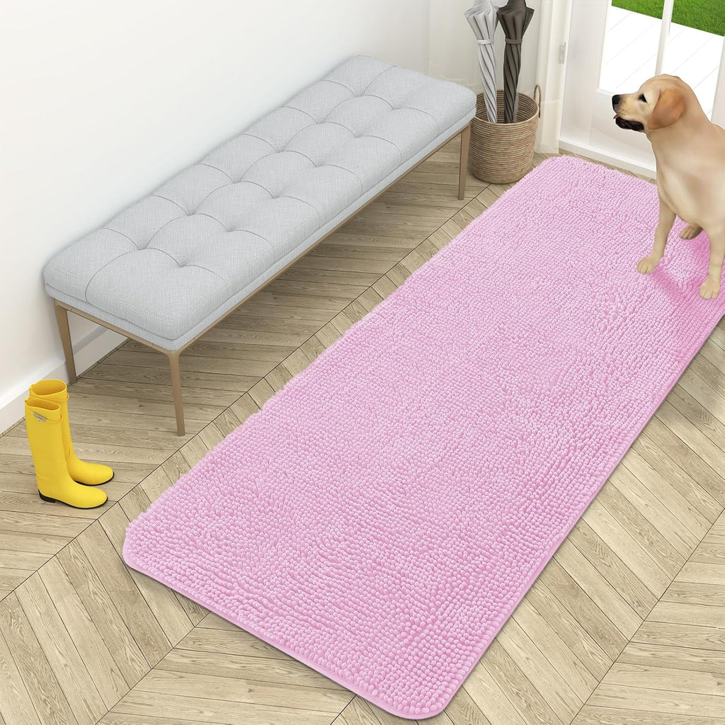 OLANLY Dog Door Mat - Absorbent Non-Slip Washable Doormat for Muddy Paws | 59x24, Quick Dry Chenille, Pink