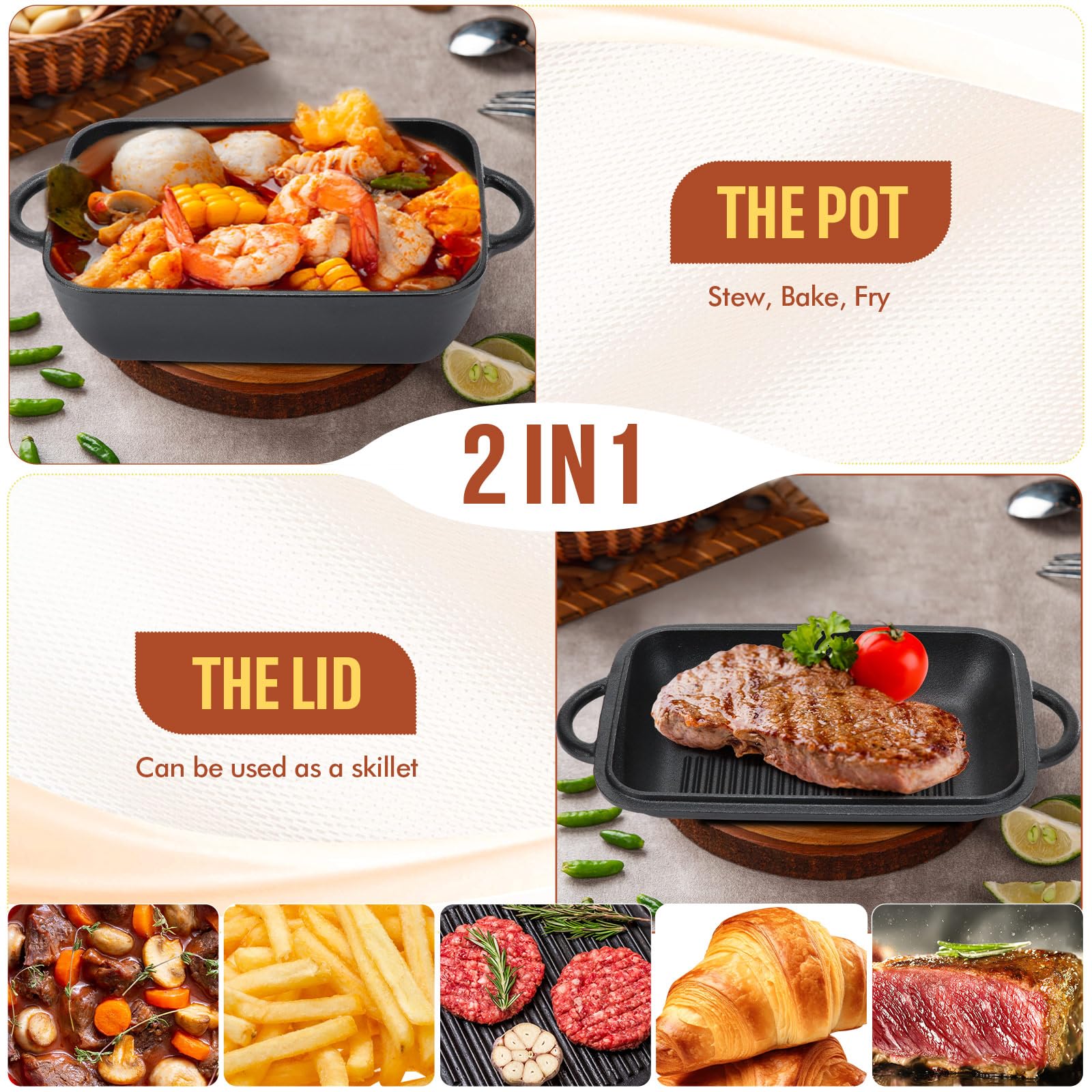 Maxdot Cast Iron Bread Loaf Pan with Lid 5.7 QT Dutch Oven for Sourdough Bread Baking Non-stick Loaf Pans with Dual Handles, Lid Lever for Homemade Baking,Cooking and Roasting, Dishwasher Safe, Black