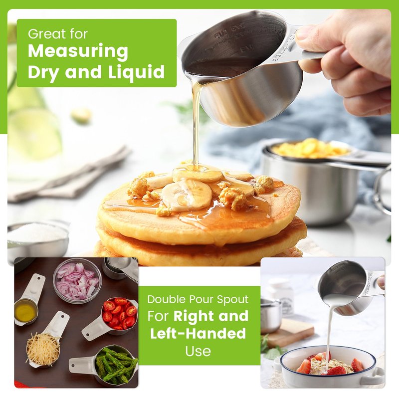 Spring Chef Stainless Steel Measuring Cups Set of 7 with Pour Spout - Nesting Kitchen Tools with Easy Read Markings to Measure Dry or Liquid Ingredients - Metal Measuring Cups for Baking & Cooking