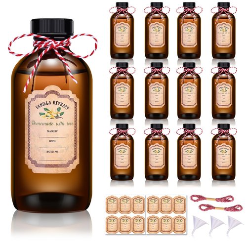 12 Pack Amber Glass Bottles for Vanilla Extract Homemade 8 oz,Vanilla Extract Bottles,Brown Boston Round Bottle with Caps and Stickers,Glass Food Storage Canister for Syrup Beans Sauce Essential Oil