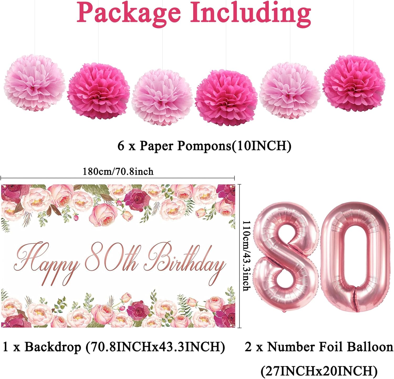 Vlipoeasn 80th Birthday Decorations - Rose Gold Backdrop Banner, Cake Topper & Swirl Hanging Decor