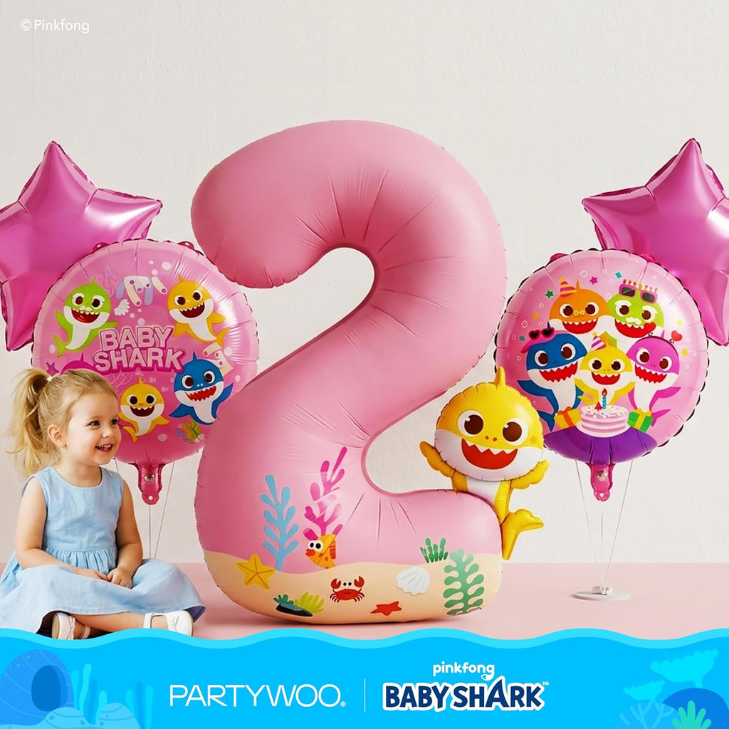 PartyWoo Baby Shark Pink Foil Number 2 Balloon - 5pcs 18-Inch Mylar Helium Birthday Decorations for Kids