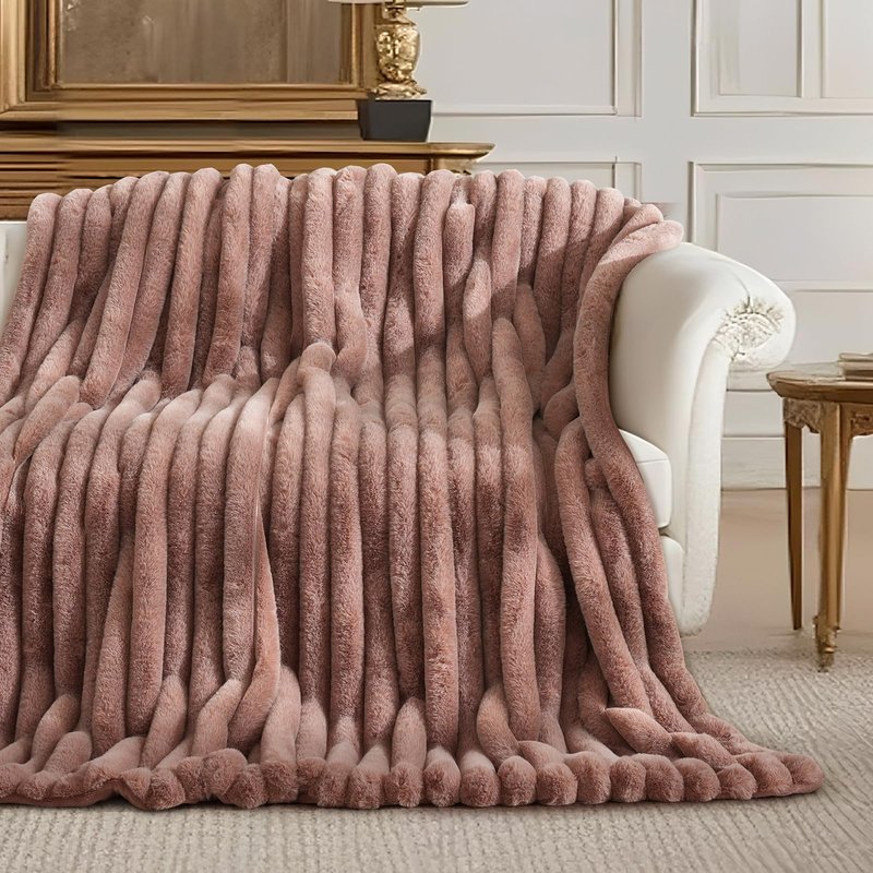 Amélie Home Luxury Striped Faux Fur Throw Blanket for Couch, Soft Cozy Fuzzy Fluffy Soft Plush Blankets Sofa Chair Gift Blankets for Women, 55"x70", Beige