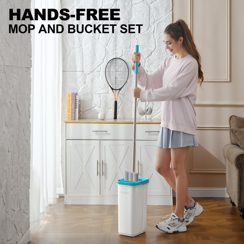 BEJOMOP Mop and Bucket Set, Mops for Floor Cleaning Turquoise-Cyan, Wall Mop with Long Handle, Squeeze Flat Mop and Bucket System, Dry & Wet Dust Mop for Household Cleaning with 2 Microfiber Mops