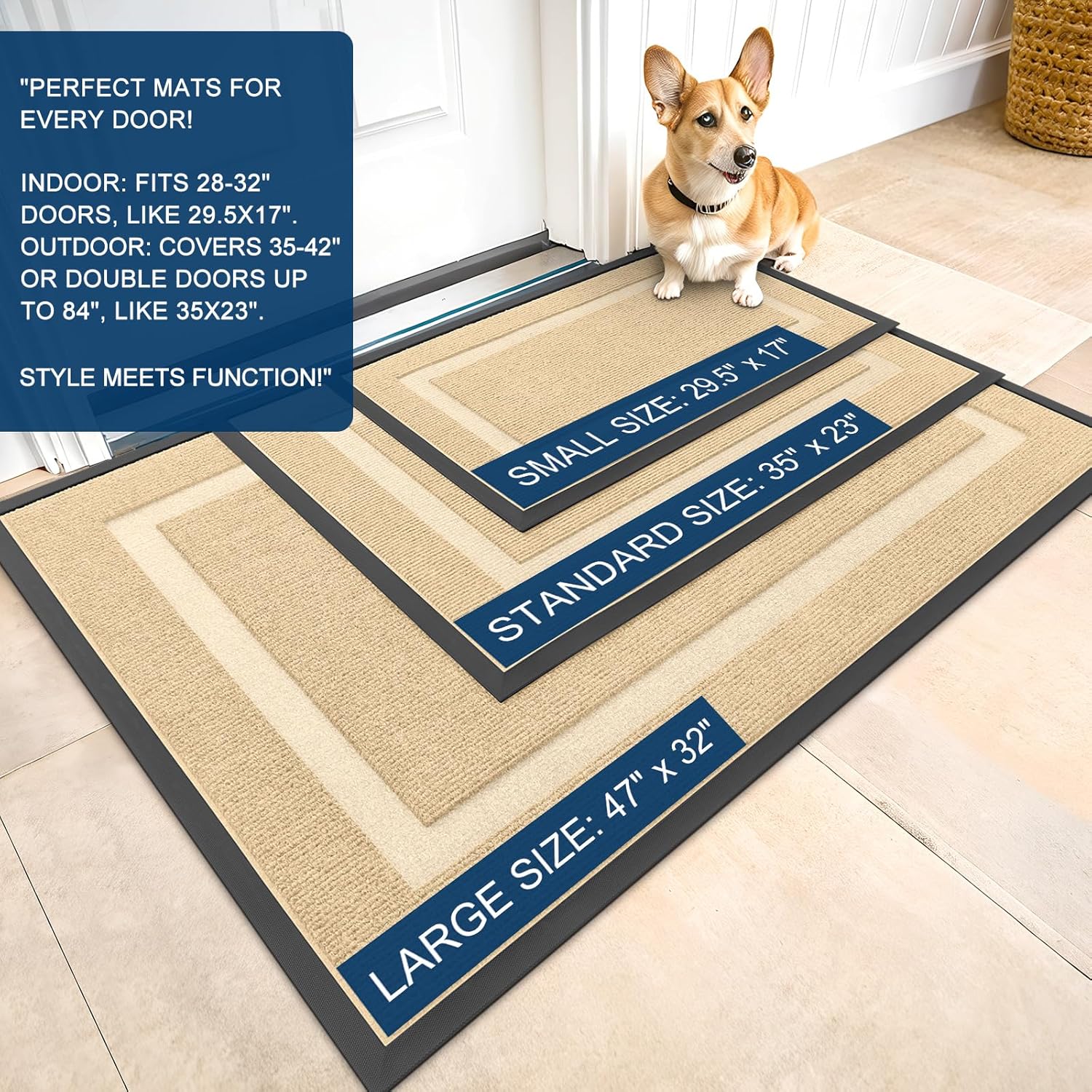 OLANLY Indoor Outdoor Front Door Mat - Waterproof All-Season Doormat, Sturdy Natural Rubber, 23.5x15.5, Beige