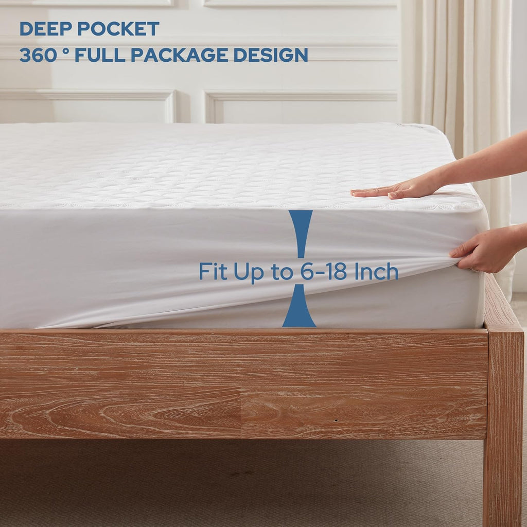 Skiennix Waterproof Mattress Protector - Noiseless Queen Size Pad with Deep Pocket (6-18 Inches) | Soft & Washable Cover for Home & Hotel