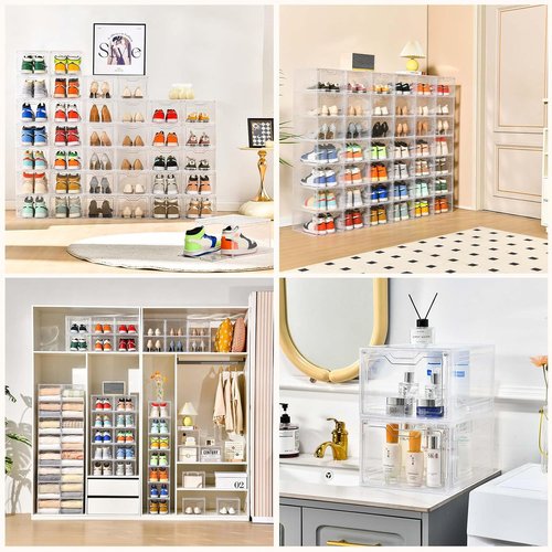 Clear Plastic Shoe Boxes - 10 Pack Stackable Storage Organizers with Lids | Fits Up to US Size 13
