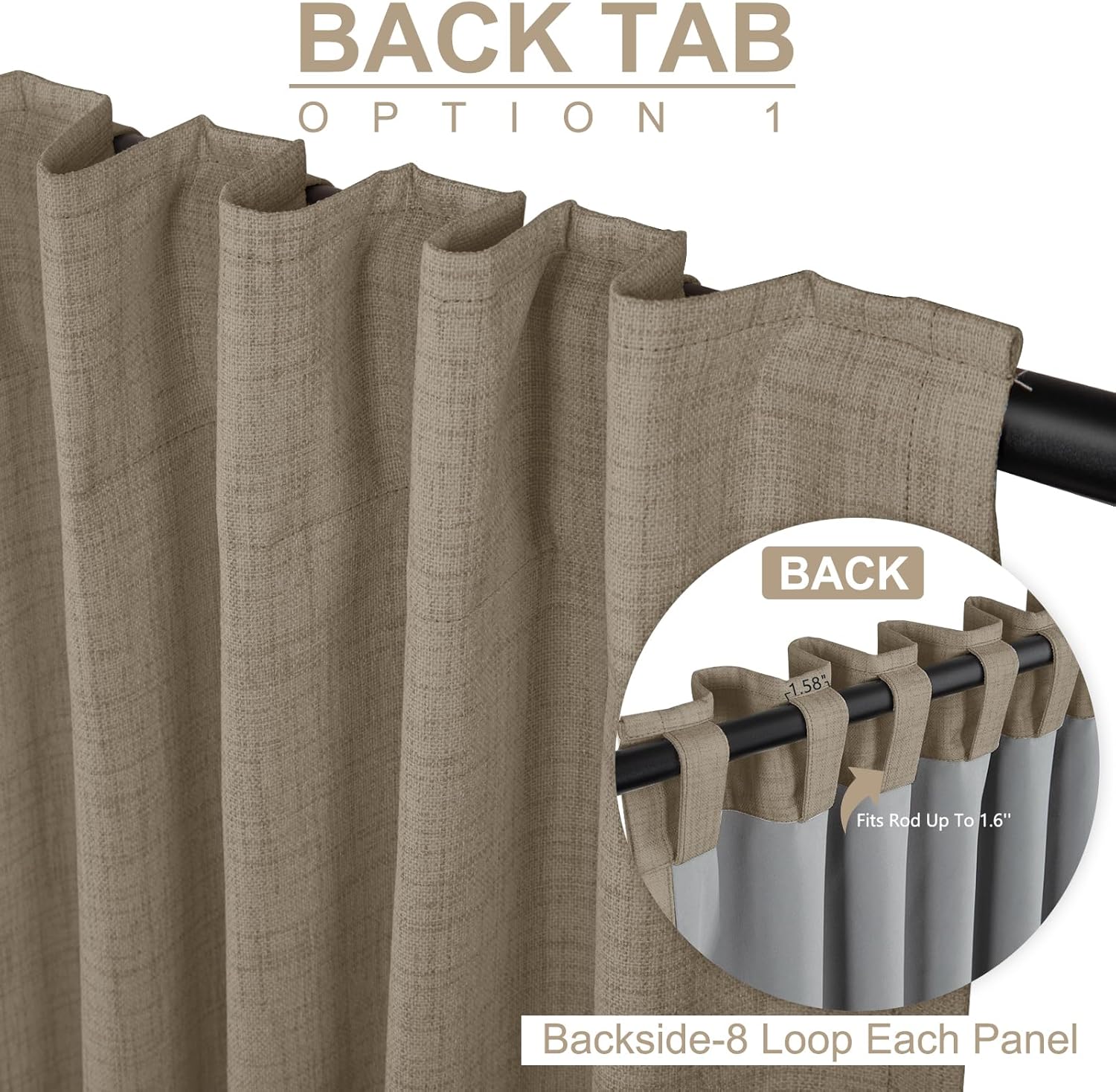 Plaza Taupe 100% Blackout Linen Curtains - Thermal Insulated Drapes, 50" W x 108" L, 2 Panels Set