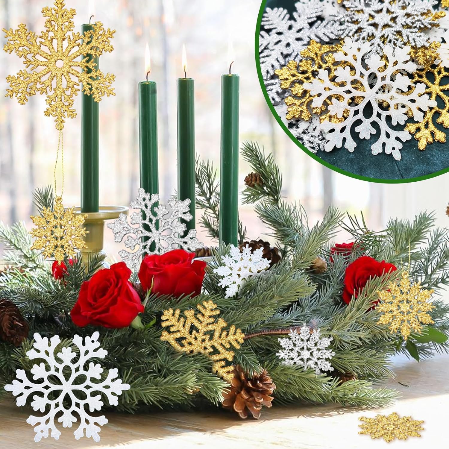 NEWMIAO Snowflake Ornaments - 36pcs Glitter Plastic Decorations for Christmas Tree | 5 Unique Patterns
