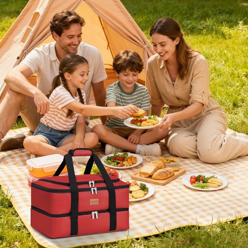 Insulated Casserole Carrier - Double Decker Food Carrier for Hot or Cold Meals | Portable Leakproof Thermal Bag (Red)