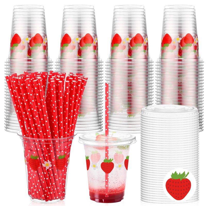 Blushtier 100 Set 12 oz Strawberry Disposable Plastic Cups with Lids and Straws Clear Strawberry Cups for Juice Water Coffee Tea Birthday Summer Fruit Party Supplies (Red)