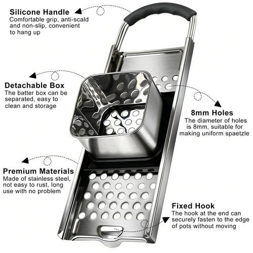 Spaetzle Maker, METLUCK Premium Stainless Steel Spaetzle Maker with Strainer Skimmer, Restaurant Quality, Dishwasher Safe, Homemade Spaetzle Noodle Maker with Comfort Handle for Pots Up to 30 CM
