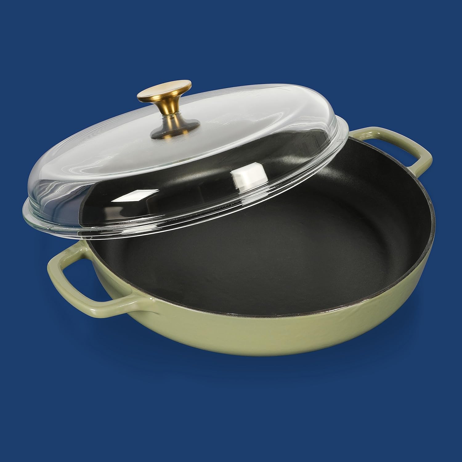 Sur La Table Enamel Cast Iron Braiser Pan - 3.75 Quart Multi-Purpose Non-Toxic Nonstick with Glass Lid | Juniper Green