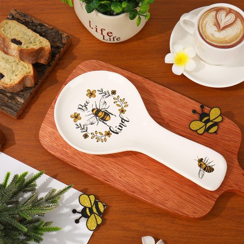 FYSUIMU 9.4inch Bee Ceramic Spoon Rest Yellow Black Bee Flower Cooking Spoon Holder for Summer Stove Top Kitchen Counter Decor