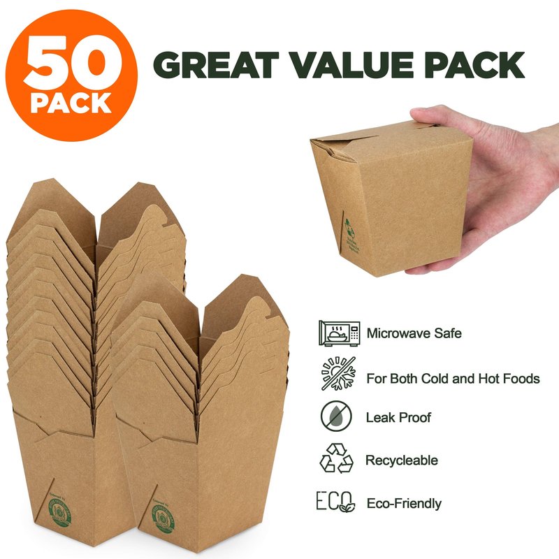 Fit Meal Prep 50 Pack 8 oz Chinese Take Out Boxes - 3 x 2.5” Plain Kraft Paperboard Food Containers, Leak and Grease Resistant Pint Size Asian Rectangle To Go Boxes, Candy Buffet Box and Party Favors
