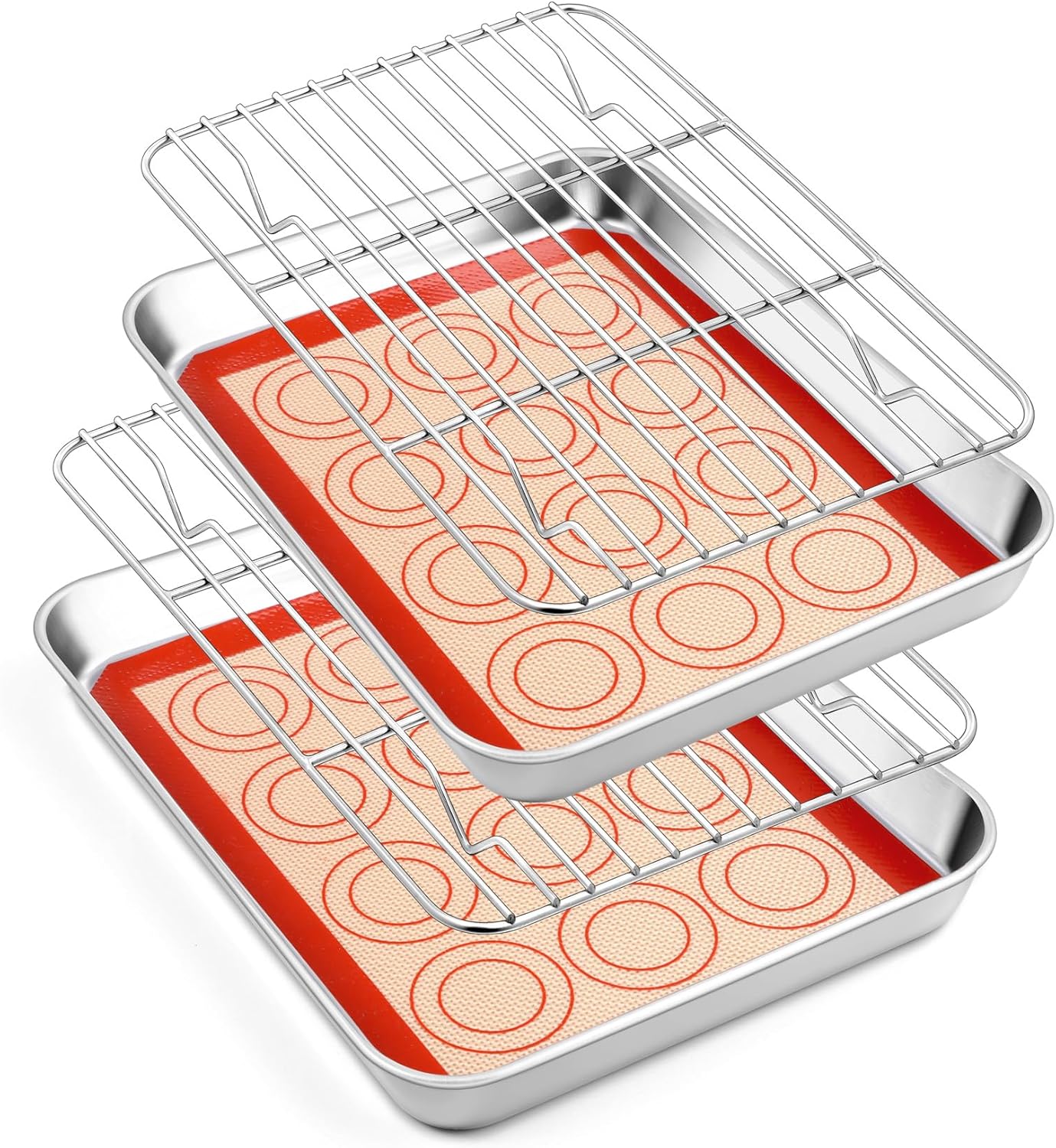 TeamFar Stainless Steel Toaster Oven Tray Set - 9.3-Inch Baking Sheets with Cooling Racks & Silicone Mats - Non-Toxic & Easy to Clean