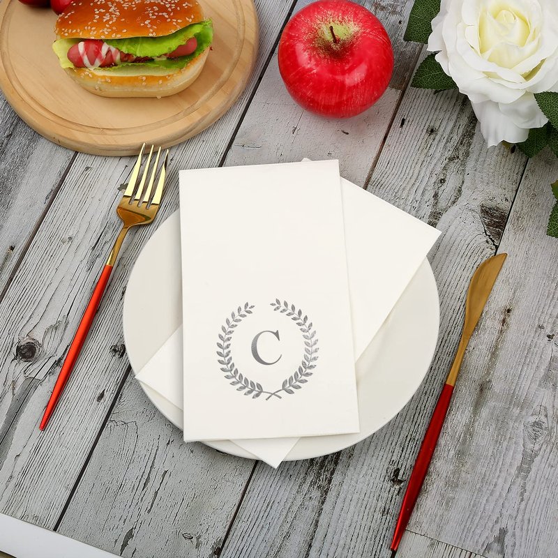 200 Pack Monogrammed Disposable Napkins Silver Foil Letter C Guest Napkins Initial Disposable Hand Paper Towels for Wedding Engagement Baby Shower Party Home Kitchen Bathroom Dinner Decorative Towels