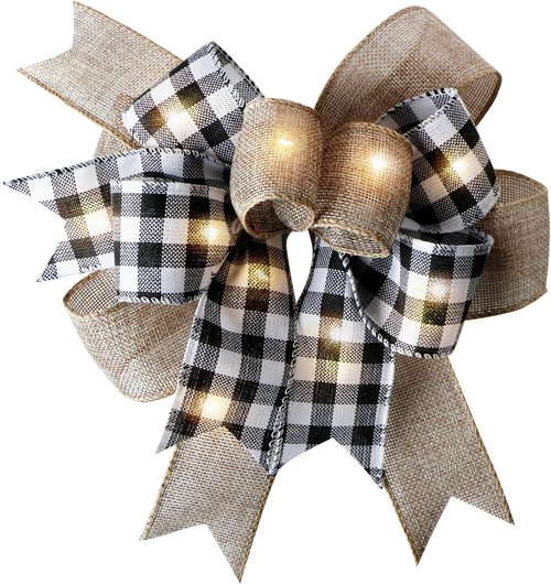 Buffalo Plaid LED Christmas Wreath Bow by [Brand Name] - Rustic Black & White Burlap Design (9.5 x 13 Inch)