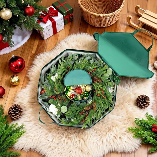 BrilliantJo Wreath Storage Bag - Hard Shell 24-Inch Christmas Decoration Case | 600D Oxford Fabric, Green