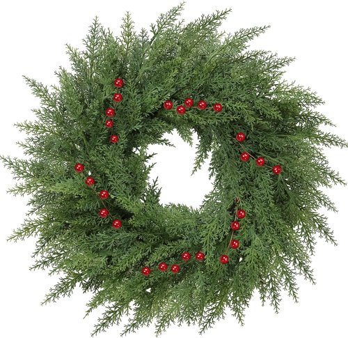 Lush Christmas Wreath - 24-Inch Real Touch Faux Cedar with Red Berries | Indoor/Outdoor Holiday Decor