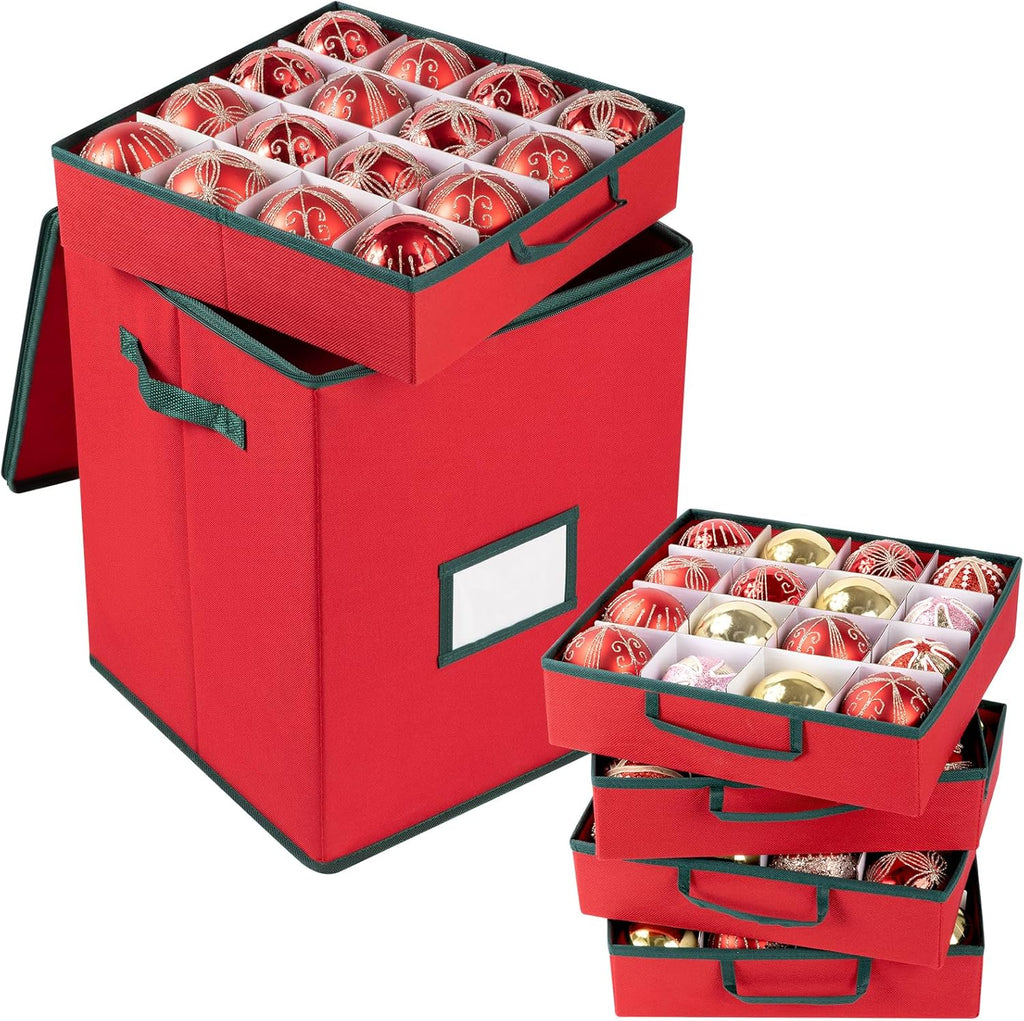 OIAHOMY Christmas Ornament Storage Box - Holds 80 Ornaments with Trays & Zippers, Red 600D Oxford Fabric