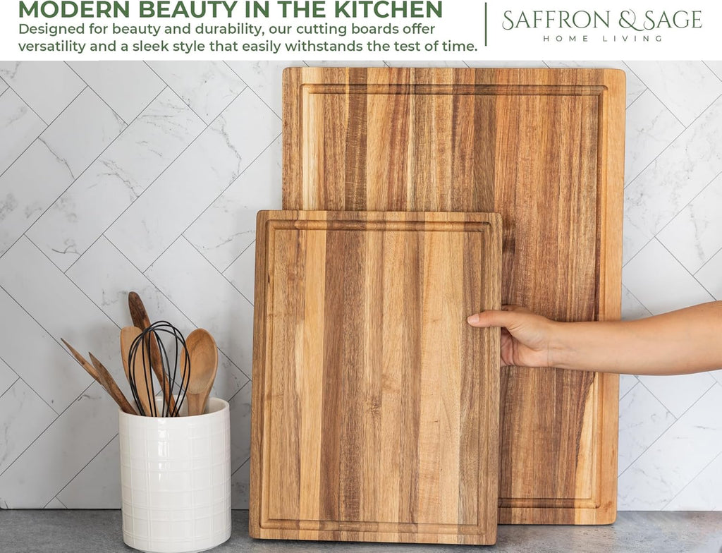 Saffron & Sage Large Wood Cutting Board - Thick Acacia 16 x 12 x 1.5 Inch with Juice Groove & Reversible Design