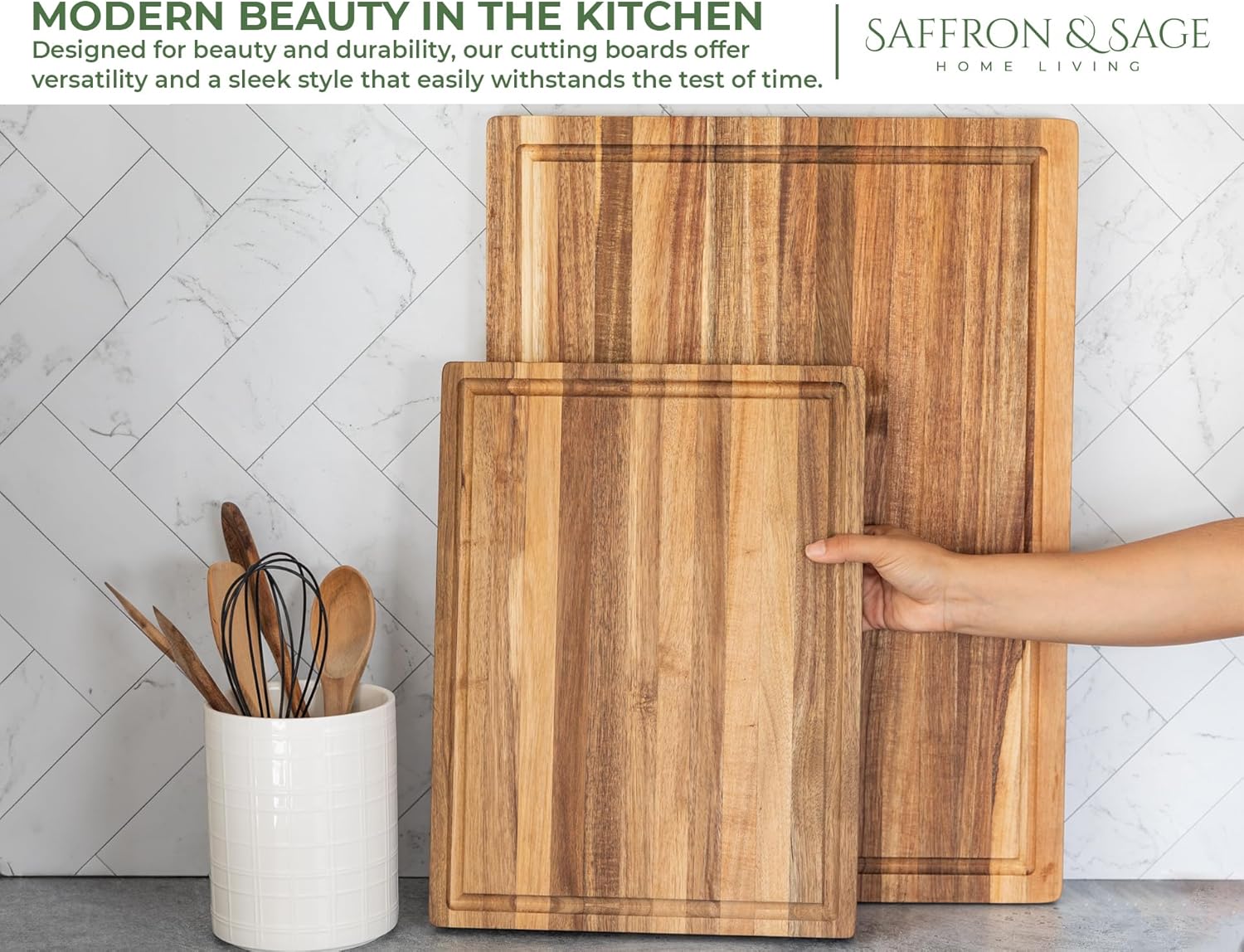 Saffron & Sage Large Wood Cutting Board - Thick Acacia 16 x 12 x 1.5 Inch with Juice Groove & Reversible Design