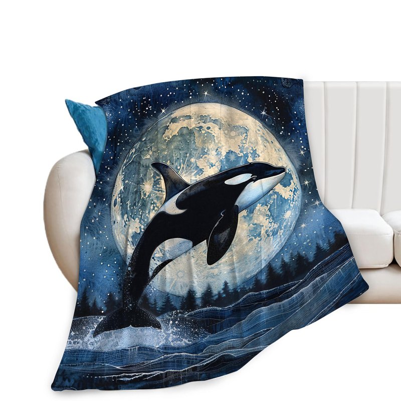 Orca Whale Blanket Killer Whale Moon Decor Throw Blankets Ultra Soft Cozy Fuzzy Plush Fleece Flannel Ocean Life Blanket Gifts for Whale Lover Girls Women Boys Men Kids for Bedding Sofa 40"X50"