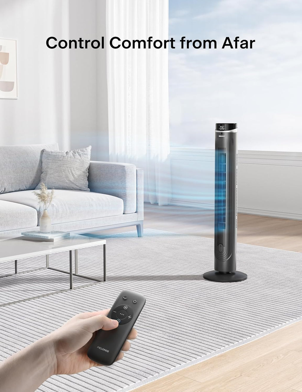 Pelonis 42-Inch Tower Fan - Quiet 90° Oscillation, 5 Speeds, Remote Control & 12H Timer | Ideal for Bedrooms