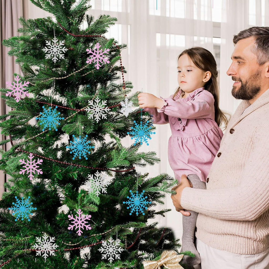 Skiennix Winter Snowflake Hanging Ornaments - Sparkly Ceiling Streamers for Christmas & New Year | Glitter Pink, Blue, Silver