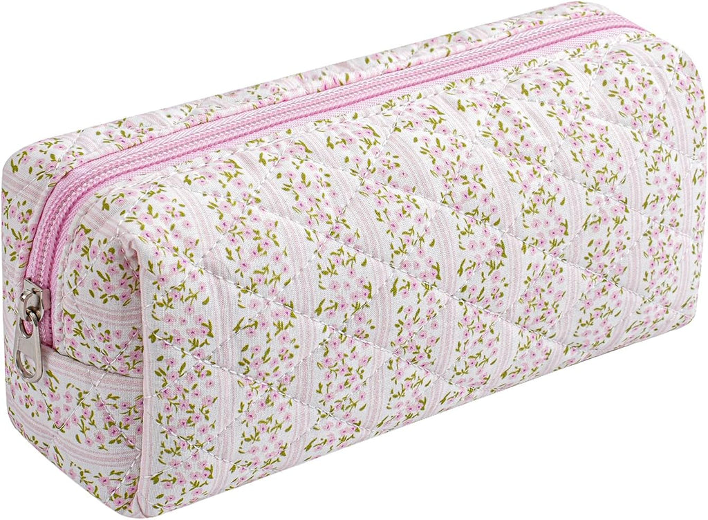 Skiennix Cute Floral Makeup Brush Bag - Quilted Travel Organizer Case in Pink Floral Design