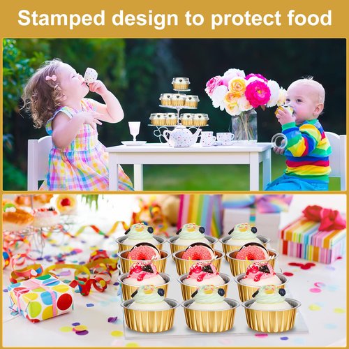 Gandeer 200 Pack Aluminum Foil Cupcake Liners with Lids, 5 oz Round Baking Cup,Disposable Tart Pie Ramekin Container for Ramadan, Easter, Wedding Party(Gold,Plain)