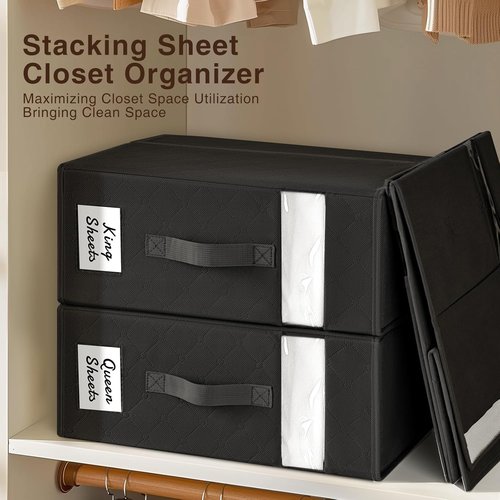 Homsorout Bed Sheet Organizers - Foldable Linen Storage with Window & Labels | XL Black 6-Pack for Bedding