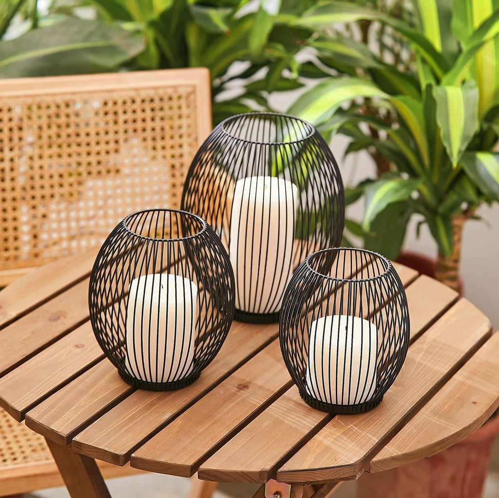 OLEEK Outdoor Candle Holders - Black Wire Pillar Candle Holders for Patio & Table Centerpiece - Iron Lantern Decor