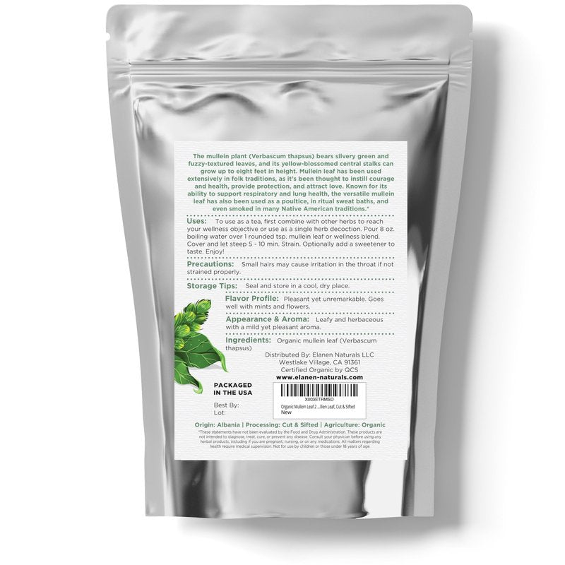 Elanen Naturals Organic Mullein Leaf 8 oz. (227g), USDA Certified Organic Mullein Leaf Tea, Mullen Leaves, Mullin Leaf Herb, Mullien Tea, Cut & Sifted