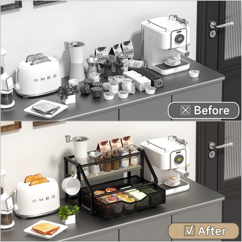 Homedawn Coffee Syrup Rack Organizer, Syrup Bottle Holder Stand for Coffee Bar, 2-Tier 8 Bottles Storage Shelves for Syrup, Wine, Dressing for Kitchen Countertop, Greige