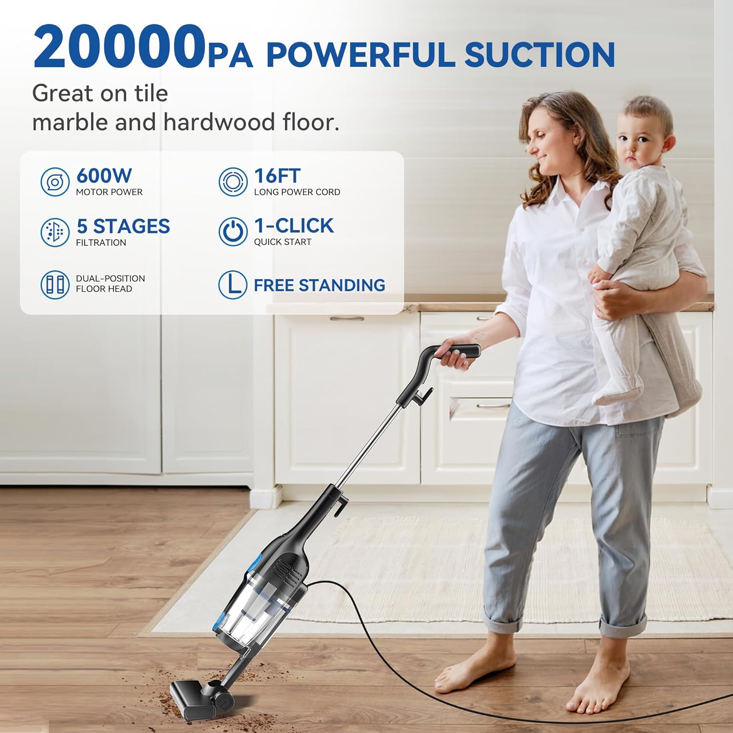 Vazone R6X Corded Stick Vacuum - 20Kpa Powerful Suction | 16Ft Cord, 2-in-1 Handheld for Pet Hair & Hardwood Floors