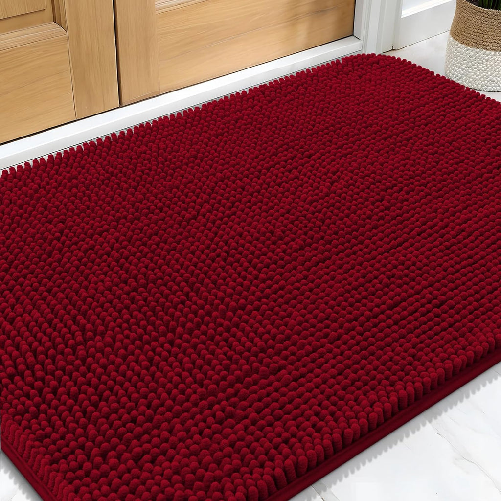 OLANLY Dog Door Mat - Absorbent Non-Slip Chenille Mat for Muddy Paws | 34x21 Inches, Red