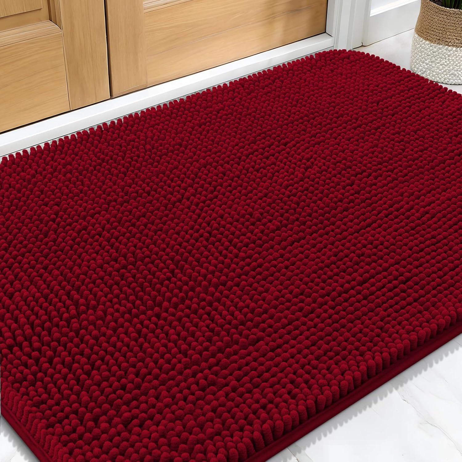 OLANLY Dog Door Mat - Absorbent Non-Slip Chenille Mat for Muddy Paws | 34x21 Inches, Red