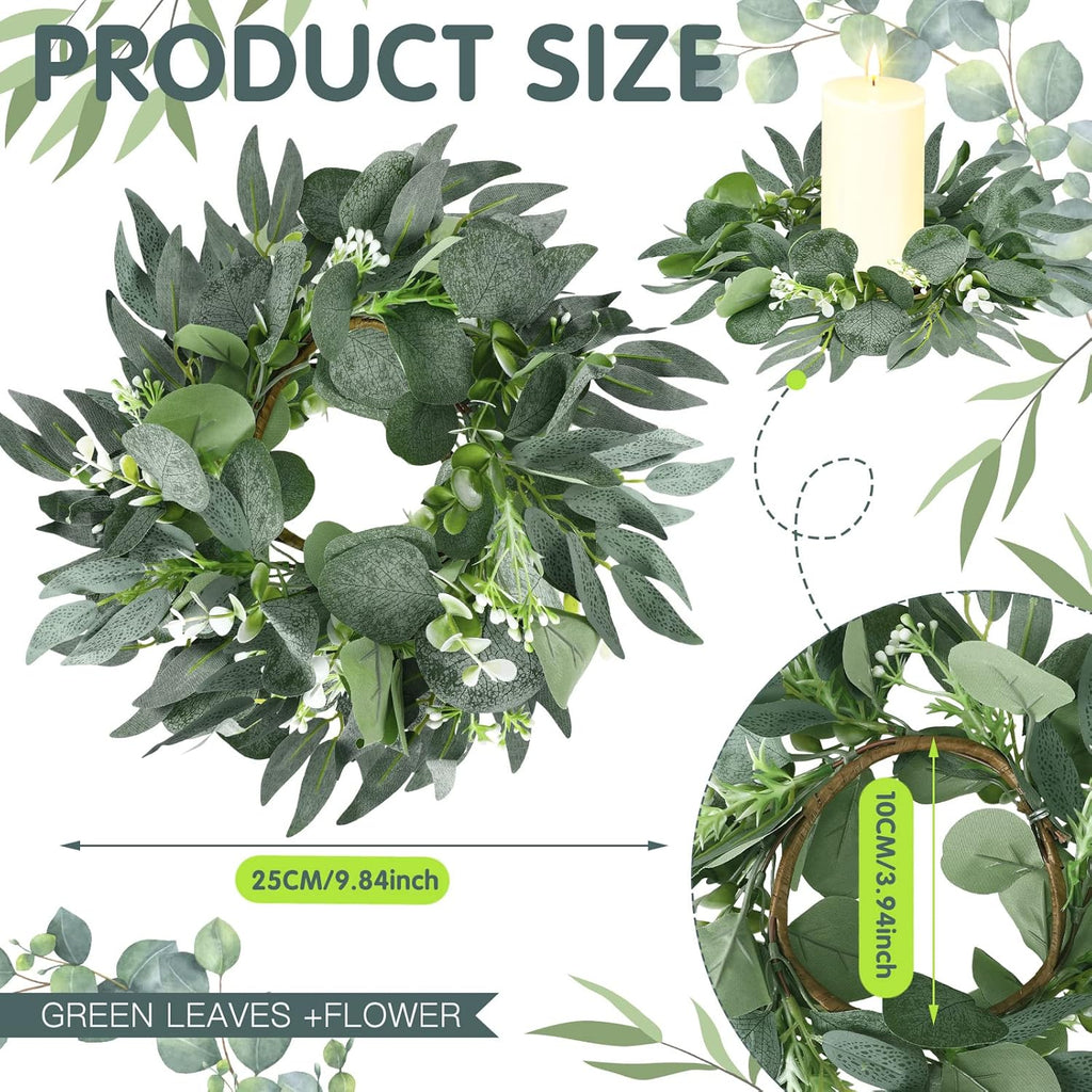 Thinkday Eucalyptus Candle Ring Set - 4 Inch Mini Artificial Wreaths for Home Decor | Green Floral Centerpieces