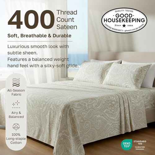 California Design Den Twin XL Cotton Sheets Set - 100% Soft Cotton, 400 Thread Count, Award-Winning Comfort | Paisley Beige